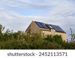 Environmentally friendly eco house with solar cells and photovoltaic. Sustainable vacation home in nature. Holland, Zeeland.