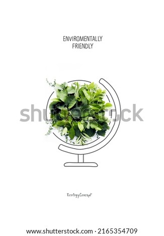 Environmentally friendly planet Concept. Earth day. Planet earth, made from green leaves and grass with sketch of globe. Earth day. Save the planet.Think Green. 