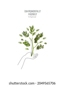Environmentally friendly planet concept. Green tree, made of green leaves and sprout with sketches of hand holding plant. Think Green. Ecology Concept. Plant the tree. Protecting and love nature.Flat  - Shutterstock ID 2049565706