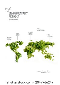Environmentally friendly planet. The map of the world made from green leaves and branches with infographic sketches. Minimal nature concept. Think Green. Ecology Concept. Top view. Flat lay. - Shutterstock ID 2047766249