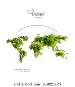 Environmentally friendly planet Poster. Earth day. The map of the world made from green leaves and branches.
Minimal nature concept. Think Green. Ecology Concept. Top view. Flat lay.
