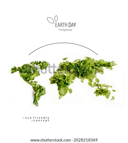 Environmentally friendly planet Poster. Earth day. The map of the world made from green leaves and branches.
Minimal nature concept. Think Green. Ecology Concept. Top view. Flat lay.
