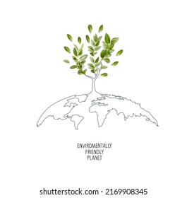 Environmentally friendly planet. Symbolic tree made from green leaves and branches with sketches map of the world. Minimal nature concept. Think Green. Ecology Concept. Top view. Flat lay.