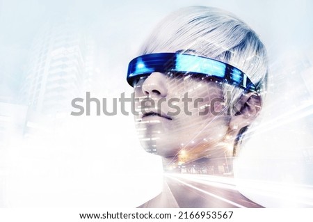 Envisioning the future. Multiple exposure shot of a young woman with VR glasses superimposed on a city at night.