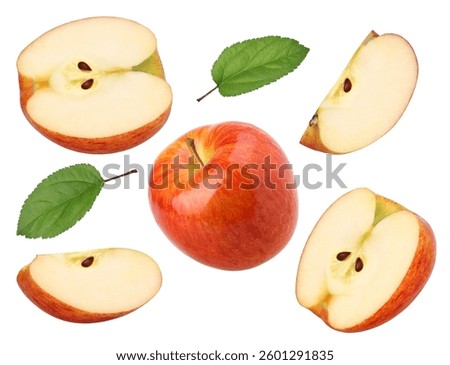 Envy Apple (red apple), half, slice and leaves isolated on a white background, with clipping path, cut out