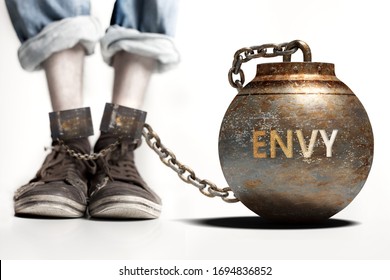 Envy can be a big weight and a burden with negative influence - Envy role and impact symbolized by a heavy prisoner's weight attached to a person, 3d illustration