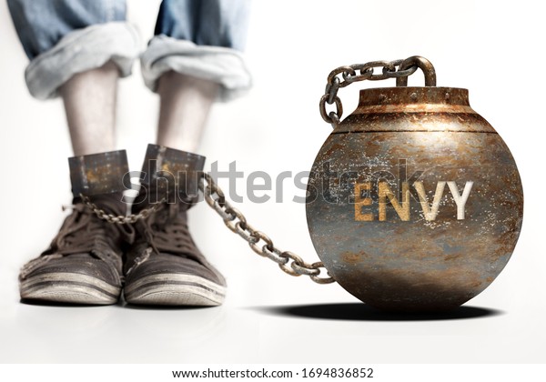 Envy can be a big weight and a\
burden with negative influence - Envy role and impact symbolized by\
a heavy prisoner\'s weight attached to a person, 3d\
illustration