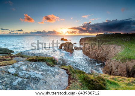 The Enys Dodnan sea stack at Land's End on the Cornwall coast
