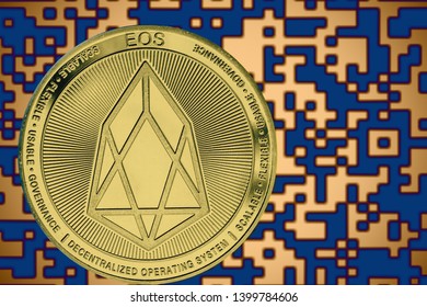 EOS coin cryptocurrency on the background of crypto code