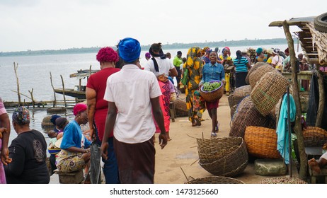 Epe Lagos State Nigeria- August 7, 2019: Cross Section Of Busy Fish Market 