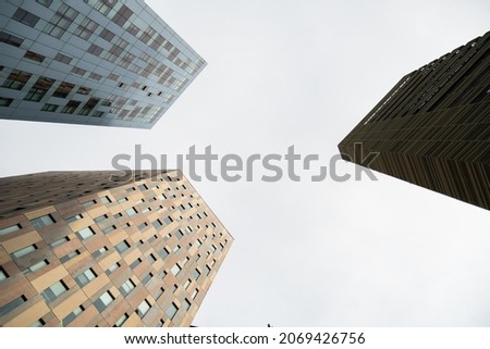 Epic Abstract Buiding with pattern. Three modern buildings in Barcelona. Futur