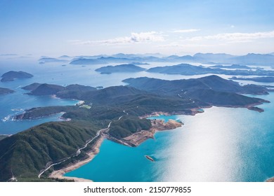 epic aerial view of the High Island Reservoir, Sai Kung, Hong Kong, summer daytime