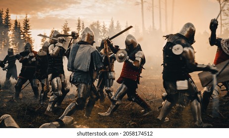 Epic Battlefield: Armies Of Medieval Knights Fighting With Swords. Dark Ages Warfare. Action Battle Of Armored Warrior Soldiers, Killing Enemies. Cinematic Historical Reenactment.