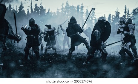 Epic Battlefield: Armies of Medieval Knights Fighting with Swords. Dark Ages Warfare. Action Battle of Armored Warrior Soldiers, Killing Enemies. Blue Cinematic Historical Reenactment.