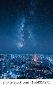 Epic Cityscape Image Of City Skyline At Night With Stars Of Milky Way Galaxy On The Sky