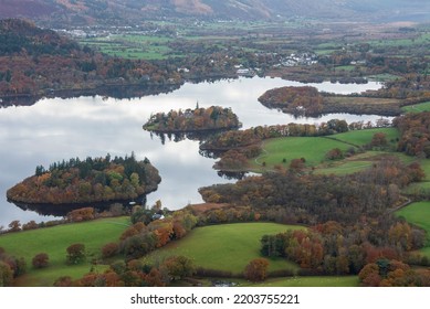 Epic landscape Autumn image of view from Walla Crag in Lake District, over Derwentwater looking towards Catbells and distant mountains with stunning Fall colors and light - Shutterstock ID 2203755221