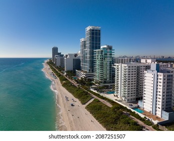 Epic Miami Beach Drone Shot Of Buildings And Hotels In The Summer On Sunny Day