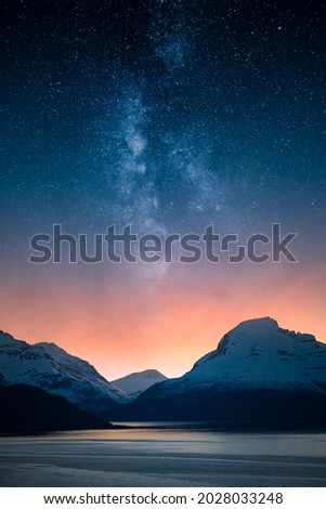Similar – Image, Stock Photo Fjord with Milky Way in the sky. View of mountains and fjord landscape in Norway