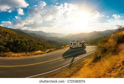 Epic nature mountain view with a road side parked RV motorhome. Travelling lifestyle roadtrip adventure in the USA - Shutterstock ID 1725582076