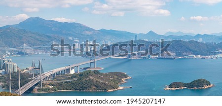 Epic panorama aerial view of Tsing Ma Bridge, the famous span suspension bridge in Hong Kong, outdoor, daytime