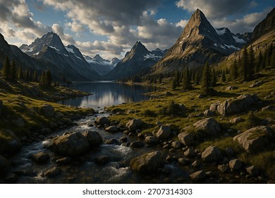 An epic and pristine mountain landscape with rugged peaks, a crystal-clear lake, and a stream in the foreground surrounded by rocks and alpine vegetation. The scene is illuminated by natural light at.