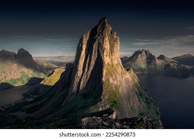 The epic Segla mountain viewed from Mount Hesten at sunset, Senja Island, Norway