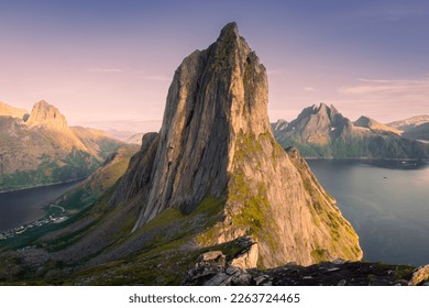 The epic Segla mountain viewed from Mount Hesten at sunset, Senja Island, Norway