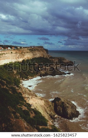 An epic vertical panoramic view of a cliff on a rocky shore of the Black Sea with trees and bushes growing on it and dark pending clouds on a sunny day before the storm