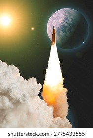 Epic vertical space background of a heavy rocket launching towards an alien planet