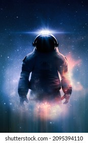 Epic view of an astronaut or cosmonaut in spacesuit in space with stars, nebula and galaxy around him. Sci-fi and fantasy theme. Stars in the image furnished by NASA. 3D rendering.