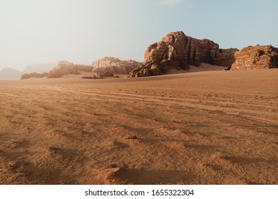 Epic View Of Rocky Cliff And Wadi Rum Desert During Sunset, Jordan, Middle East