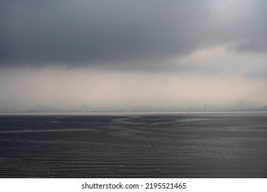 Epic View From Sea With Rain Clouds, Grey Color Domination, Selective Focus