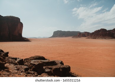 Epic View Of Wadi Rum Desert And Rocky Cliffs In Sunny Day, Jordan