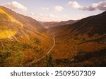 Epic Wide Autumn Sunset Scene Mount Willard New Hampshire Landscape Views. Mountain Valley Road Through Yellow Trees New England. Beautiful Nature