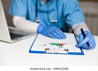 Epidemiologist in office analyzing COVID-19 infection rate chart,Coronavirus disease statistics,update on new daily cases and deaths worldwide,preventive and protective pandemic measures and rules - Shutterstock ID 2096123440
