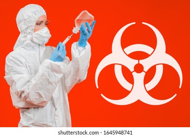 Epidemiology. Study Of Biological Infections. A Biohazard Sign Next To A Laboratory Assistant. Bio Infection Logo On A Red Background. Epidemiologist Examines The Fluid In A Dropper. Fever Vaccine