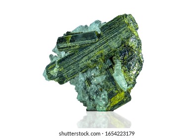 Epidote isolated on white background. Calcium aluminium iron sorosilicate mineral.