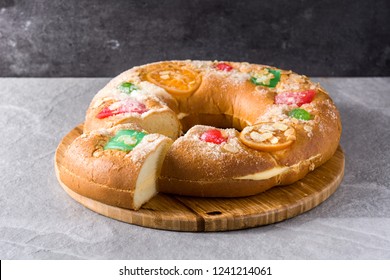 Epiphany cake "Roscon de Reyes" on gray background