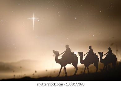 Epiphany and Christmas religious nativity concept: Three wise man against star of cross over night background. Old vintage style tone
