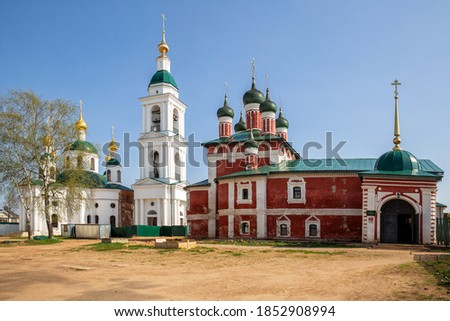 Epiphany Monastery in Uglich. Two churches of Smolensk Icon of Mother of God 17th century and Feodorovskaya Icon 19th century and restored bell tower. Yaroslavl region, Golden ring of Russia