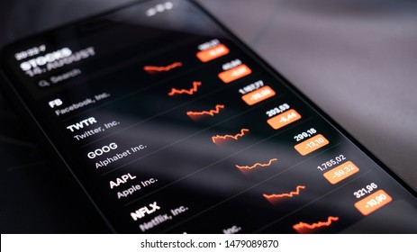 Eppelheim - Baden Württemberg / Germany 15.08.2019  - Close Up Of Apple IPhone Screen With Stock Market Value Negative Minus Status