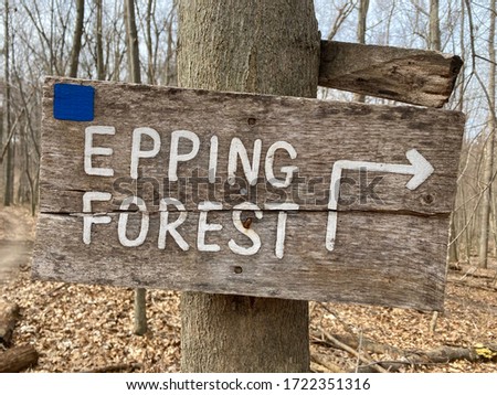 Epping Forest Trail sign with blue blaze trail marker and right turn warning at Dryer Road Bike Park in early Spring.
