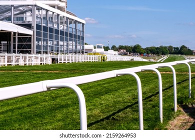 Epsom Downs Race Course, Surrey, UK, May 14 2022, Derby Horse Racing Course Or Track Home Straight With No People And Grandstand