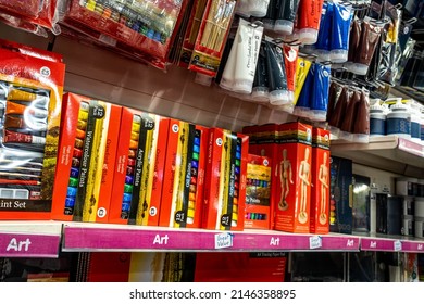 Epsom Surrey London, April 15 2022, The Works Art And Craft Store Interior Acrylic And Oil Paint Sets With No People