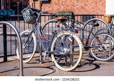 Epsom Surrey, London, May 08 2022, Bicycles Parked At A Bike Stand With No People