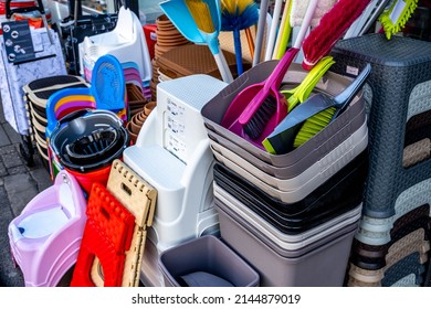 Epsom Surrey London UK, April 11 2022, Stack Of Colourful Household Plastic Products Close Up With No People