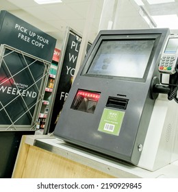 Epsom Surrey, London UK, August 14 2022, Automated Self Checkout Pay Point Waitrose Supermarket With No People