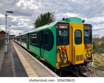 EPSOM, SURREY - MARCH 26, 2018: A Stationary British Rail Class 455 Passenger Commuter Train Operated By Southern Govia Thameslink Railway At Epsom Downs Train Station In Epsom, Surrey, UK.