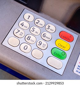 Epsom Surrey UK, February 27 2022, Close Up Of A Bank ATM Cash Withdrawal Machine With No People