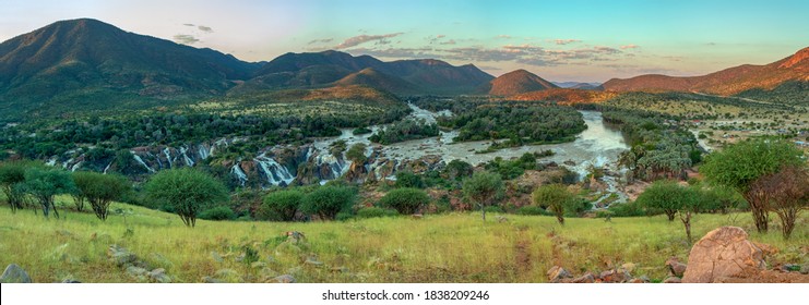 Epupa Falls Full Of Water On The Kunene River, Northern Namibia And Angola Border. Sunrise African Landscape. Pure Nature